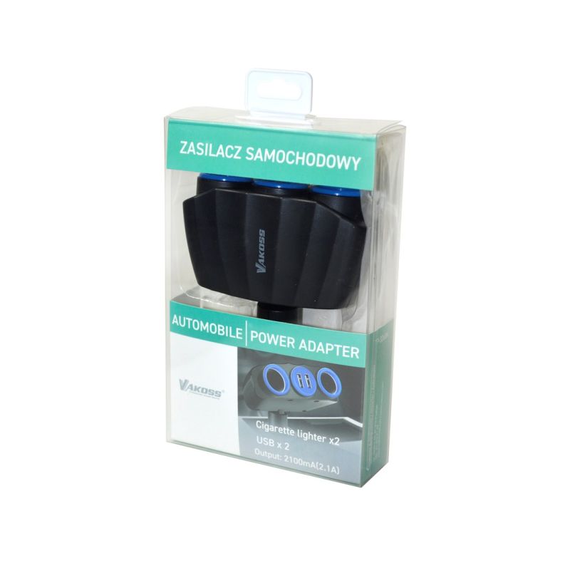 VAKOSS CAR ADAPTER TP-3268K, 2X CIGARETTE LIGHTER SOCKET + 2X USB Elektronika i akcesoria/Akcesoria do zapalniczki samochodowej Your Sports Performance
