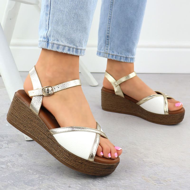 Women's wedge sandals in white and gold S.Barski PL51-324 Footwear Your Sports Performance