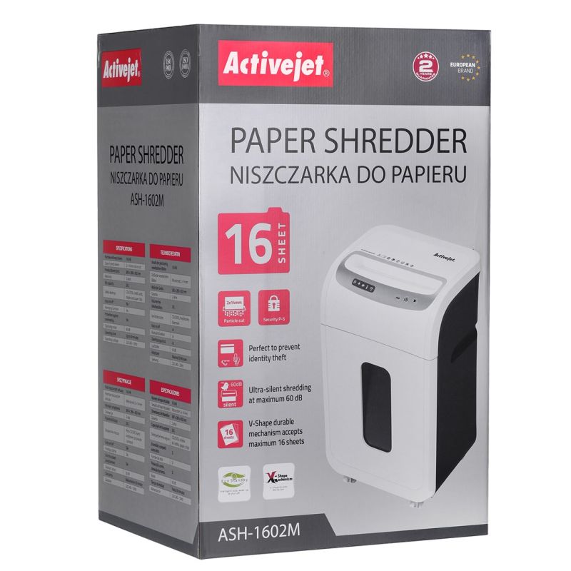 Activejet ASH-1602M shredder, P-5, 28 l, 2x14 mm shreds, 16 sheets, white Urządzenia biurowe/Niszczarki Your Sports Performance