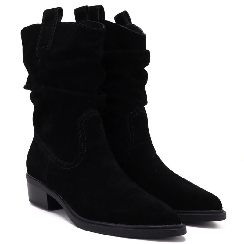 Black Ruched Leather Cowboy Ankle Boots for Women Sergio Leone BT-16-S