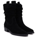 Black Ruched Leather Cowboy Ankle Boots for Women Sergio Leone BT-16-S