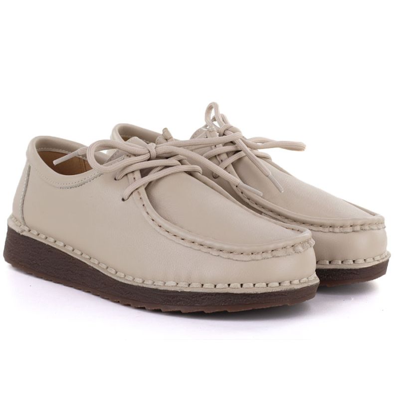 Women's leather lace-up moccasins, beige, Artiker 58C1519 Artiker