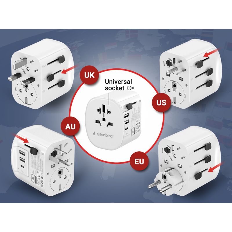 GEMBIRD UNIVERSAL GROUNDED TRAVEL ADAPTER 15W, WHITE Kable i adaptery/Adaptery, przejściówki Your Sports Performance