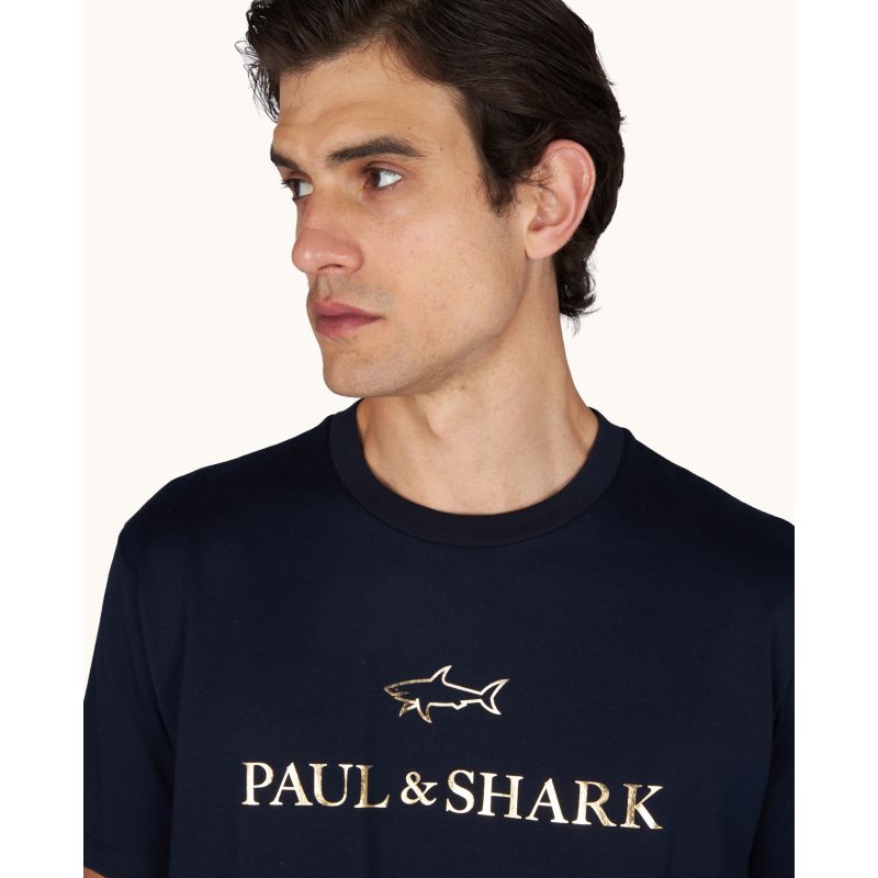 Paul&Shark Men's Cotton T-shirt Navy Blue and Gold 99311007-50E - Classic Cut, Logo