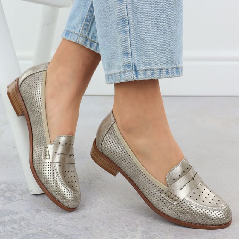 Women's openwork loafers, metallic gold, Potocki 12581 Footwear Your Sports Performance