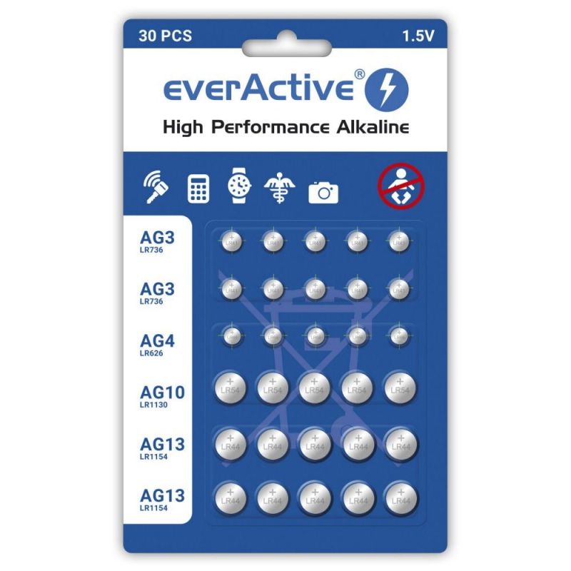 EVERACTIVE ALKALINE BATTERIES MINI SET: 10 X G3 / LR41, 5 X G4 / LR626, 5 X G10 / LR1130, 10 X G13 / LR1154 AGMIX30BL Baterie, akumulatorki i ładowarki/Baterie Your Sports Performance
