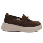 Women's leather platform moccasins with beads, brown, Vinceza 79649