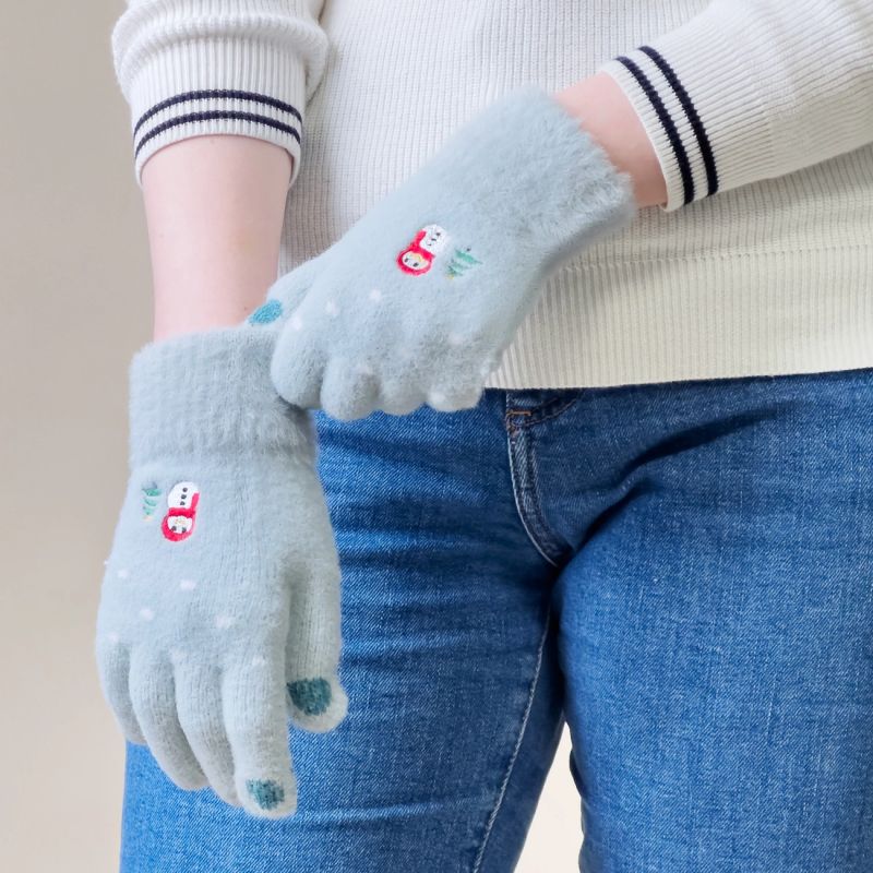 Women's winter telephone gloves with a snowman and a Christmas tree - green Hurtel