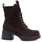 Women's leather ankle boots with a block heel and platform, chocolate brown, Vinceza 67009