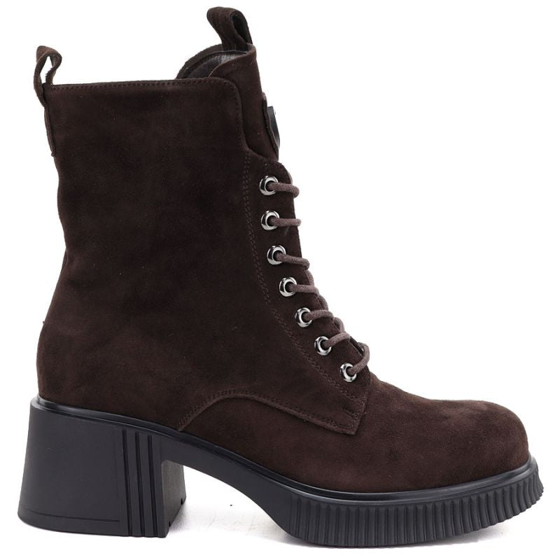 Women's leather ankle boots with a block heel and platform, chocolate brown, Vinceza 67009