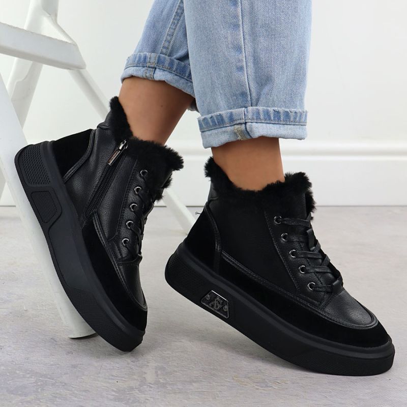 Black leather platform ankle boots with fur Cambell 25-19352 To be categorized Your Sports Performance