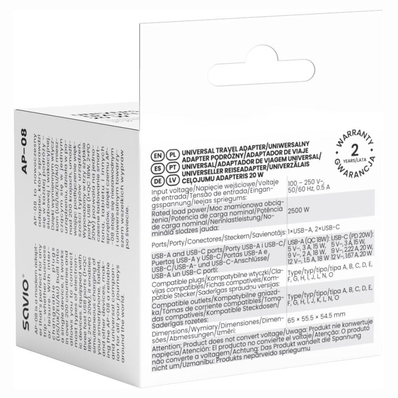 SAVIO UNIVERSAL TRAVEL ADAPTER 20W AP-08 Kable i adaptery/Adaptery, przejściówki Your Sports Performance