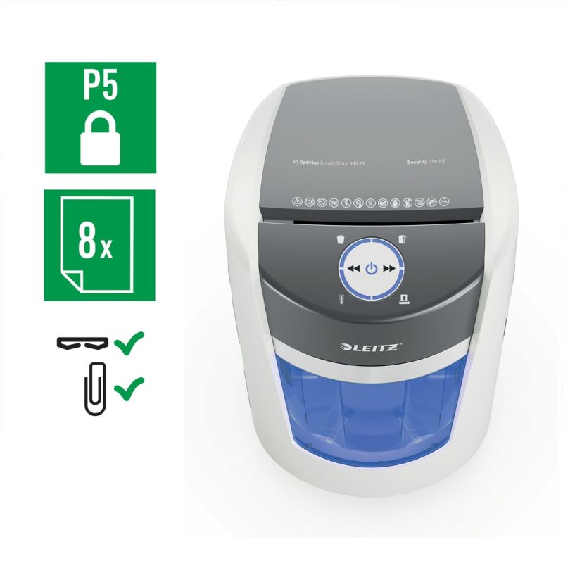 Leitz IQ OptiMax Small Office 350 shredder, 22l, P5, 8 sheets, Automatic Start/Stop, Reverse function, Rotating bin - 33% more shred capacity Urządzenia biurowe/Niszczarki Your Sports Performance