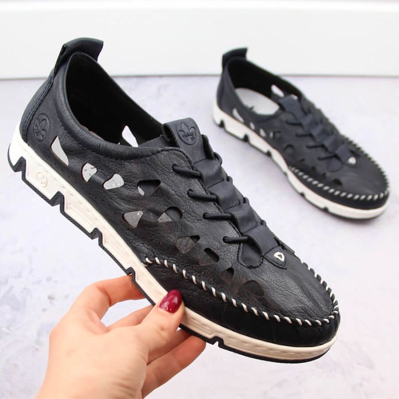 Leather openwork shoes Rieker W RKR652, navy blue