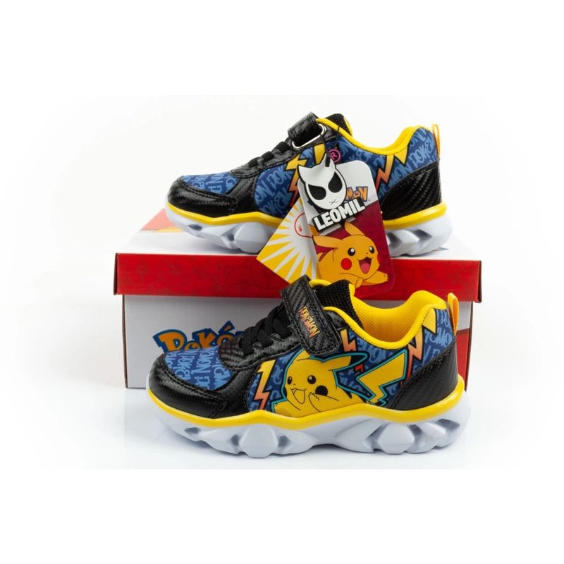 Leomil children's sports shoes Pokemon sneakers lightweight with velcro LED black yellow