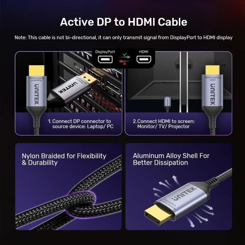UNITEK DISPLAYPORT CABLE 1.4 TO HDMI 2.1, 8K, 1.8M Kable i adaptery/Kable DisplayPort Your Sports Performance