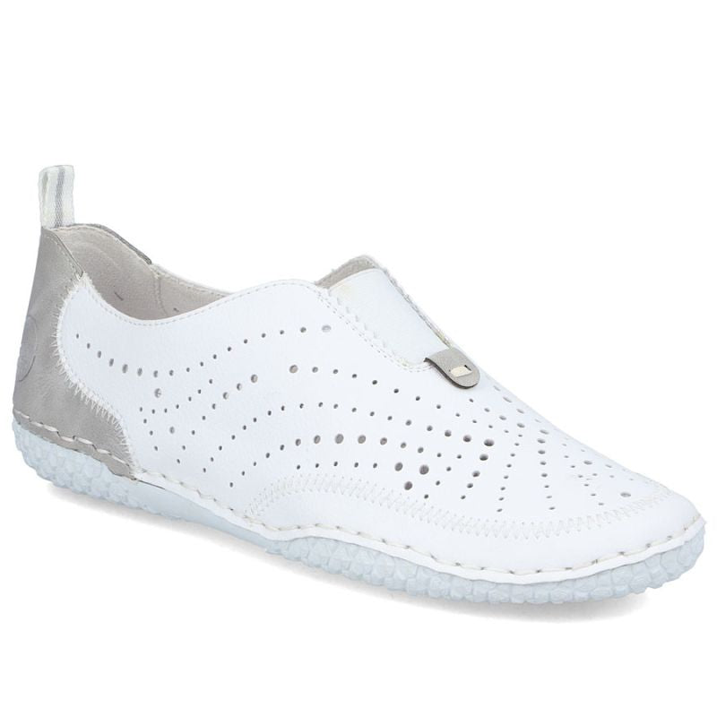 Women's leather openwork slip-on shoes, white Rieker 43663-80 Rieker