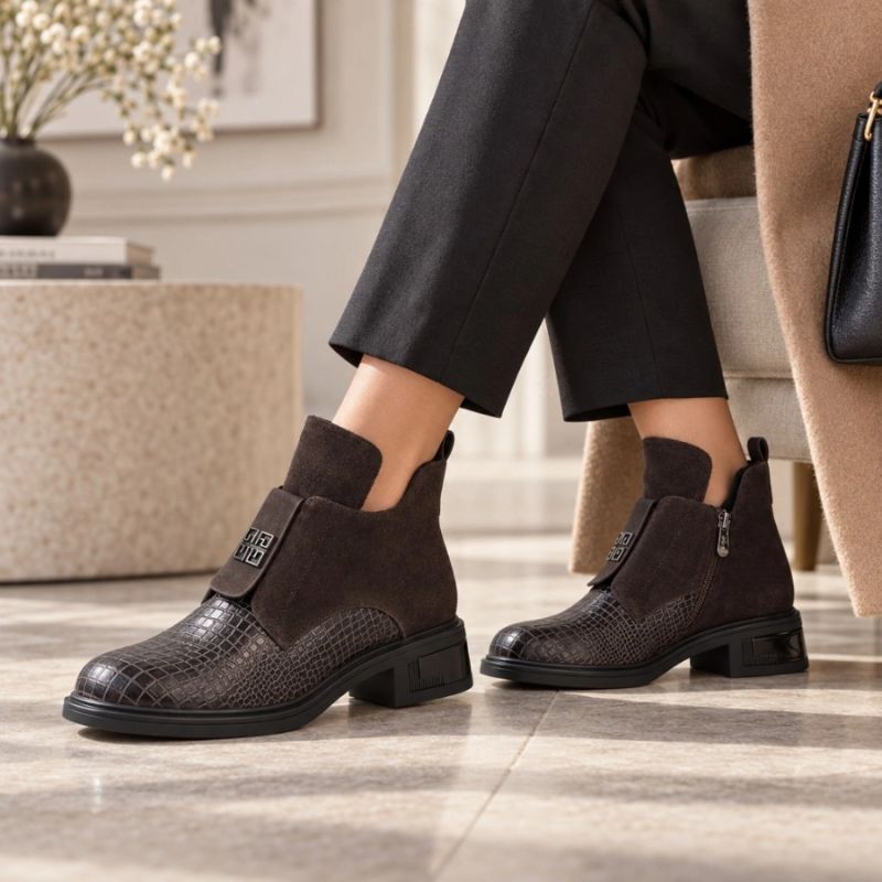 Women’s Leather Ankle Boots, Crocodile Effect, Chocolate Brown Filippo DBT820