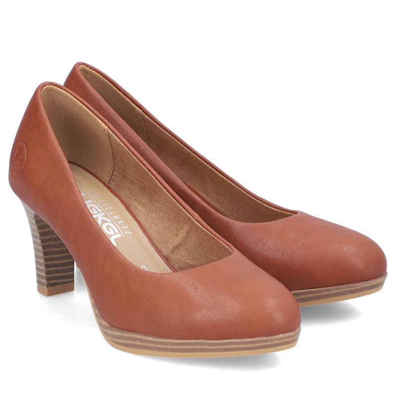 Brown leather pumps with a block heel, Rieker 41560-23