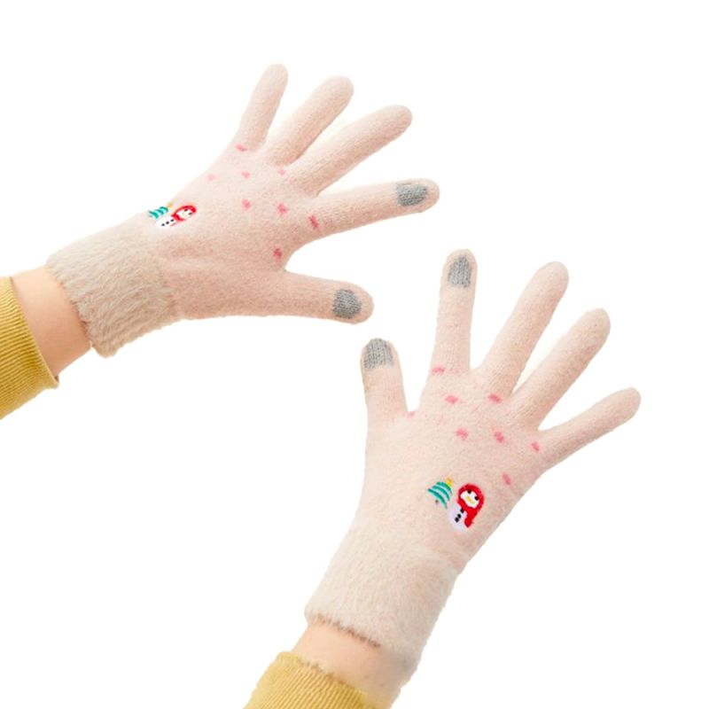 Women's winter telephone gloves with a snowman and a Christmas tree - beige Hurtel