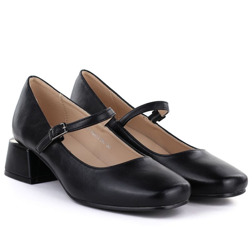 Women's block heel shoes with a strap, black Potocki 12815 Potocki