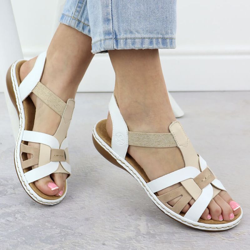 Comfortable women's slip-on sandals with elastic straps, white Rieker 65918-81 Footwear Your Sports Performance