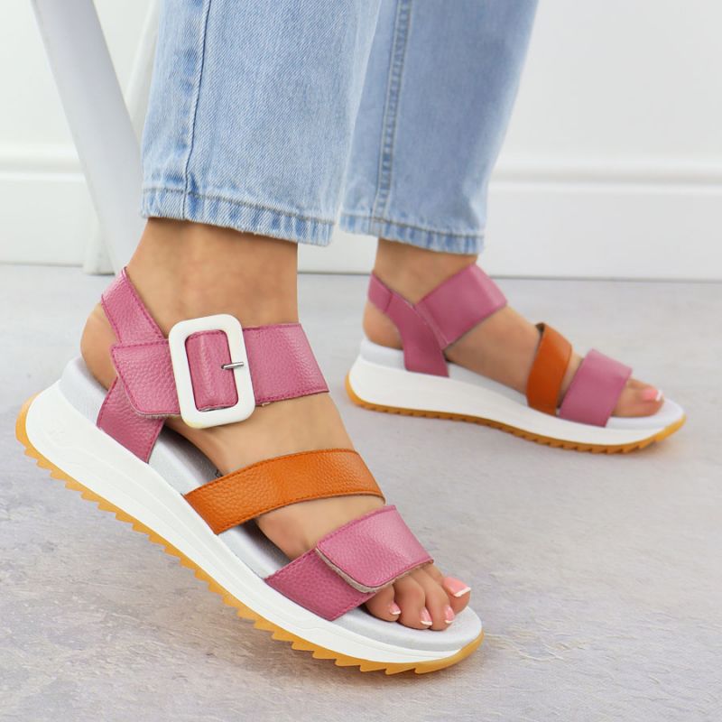 Rieker W2950-31 Women's Pink Leather High Heel Sandals Footwear Your Sports Performance