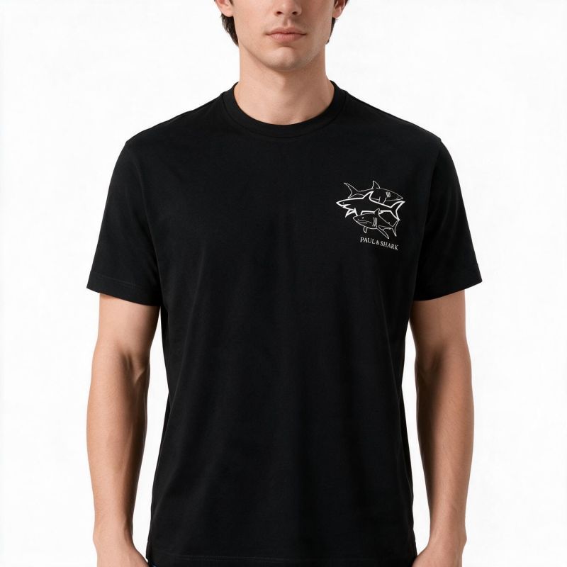 Paul&Shark men's cotton T-shirt, black - model 26411035-11, classic cut, high-quality cotton