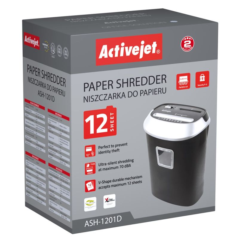 Activejet ASH-1201D shredder, P-3, 25 l, 5x38 mm shreds, 12 sheets, black and silver. Urządzenia biurowe/Niszczarki Your Sports Performance