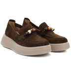 Women's leather platform moccasins with beads, brown, Vinceza 79649
