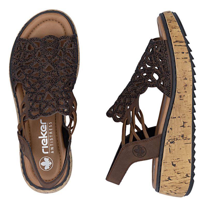Rieker V1765-24 women's brown wedge sandals Rieker