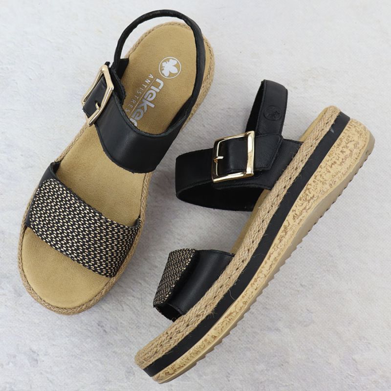 Women's leather wedge sandals with Velcro straps, black Rieker V0951 Footwear Your Sports Performance