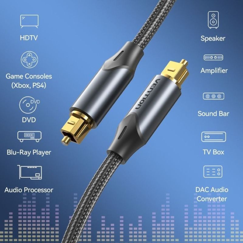Vention Braided Optical Audio Cable with Aluminum Connector, 5m, Black Kable i adaptery/Kable optyczne Your Sports Performance