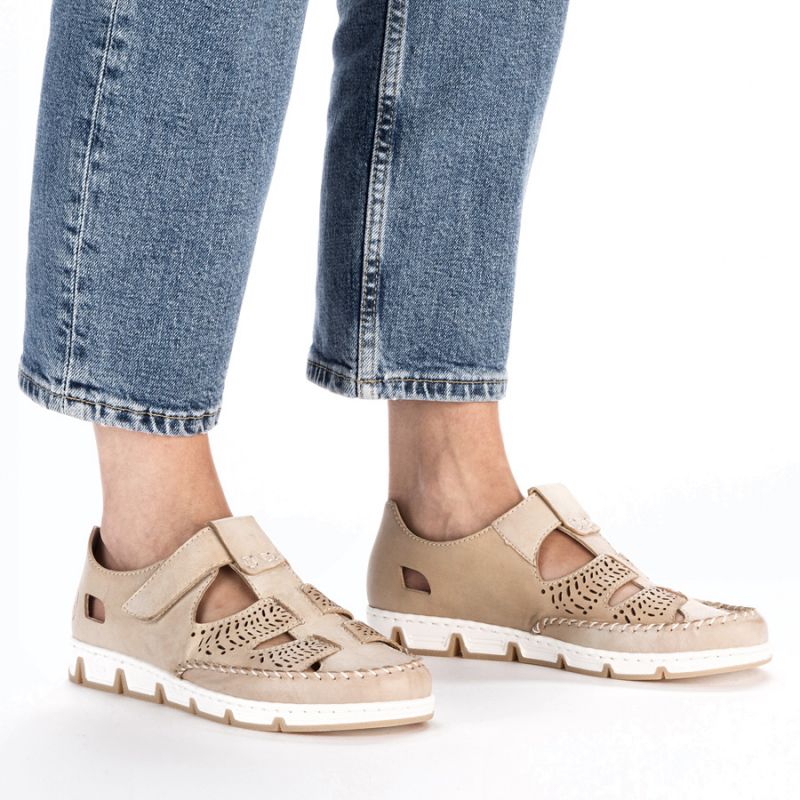 Rieker W RKR651 beige leather openwork shoes with velcro Footwear/Lifestyle/Rieker Your Sports Performance