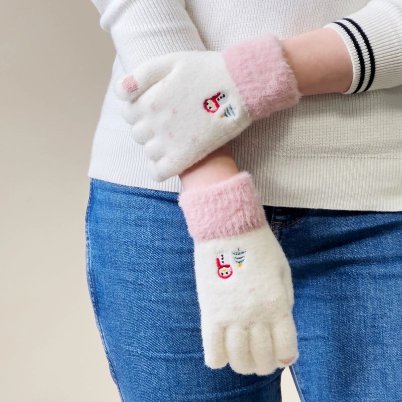 Women's winter telephone gloves with a snowman and a Christmas tree - white and pink Hurtel