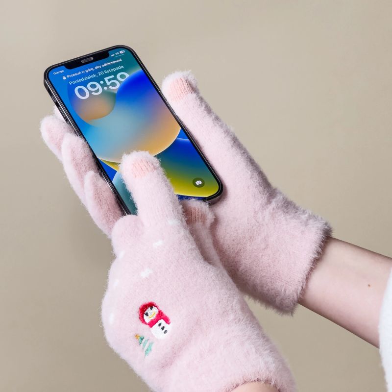 Women's winter telephone gloves with a snowman and a Christmas tree - pink Hurtel