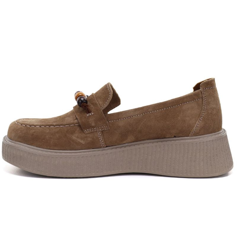 Women's leather platform moccasins with beads, camel, Vinceza 79649