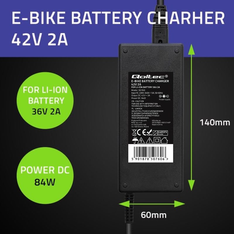 QOLTEC ELECTRIC BIKE BATTERY CHARGER 36V | 42V | 2A | 5.5*2.1 Zasilacze dedykowane/Zasilacze do pozostałych urządzeń Your Sports Performance