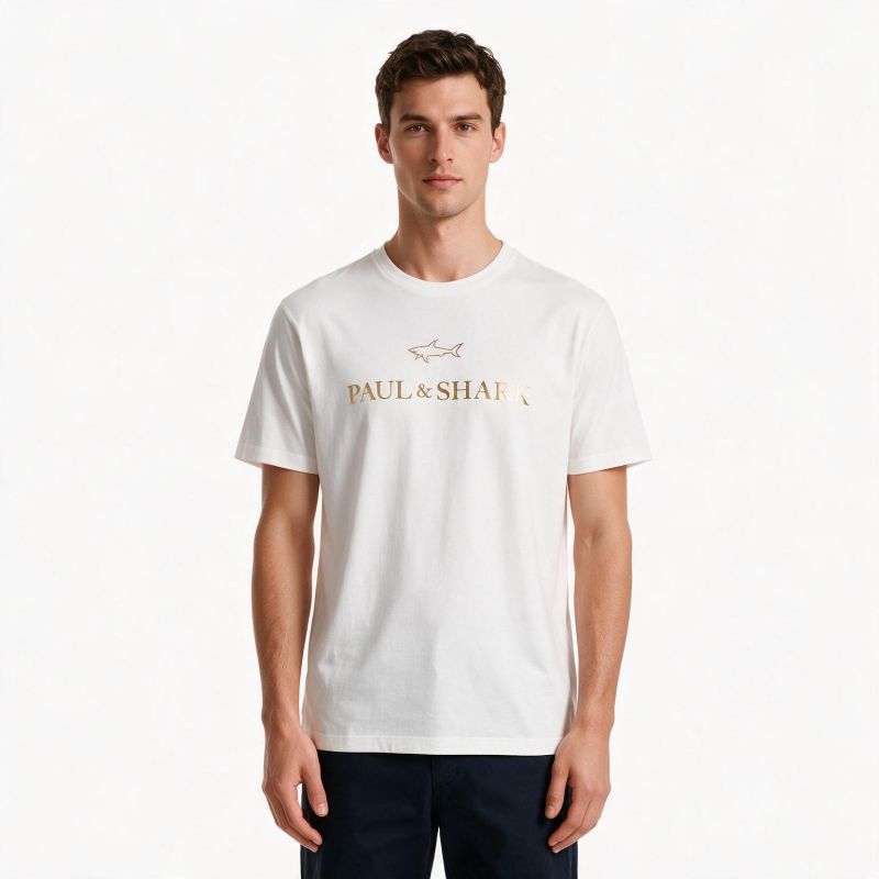 Paul&Shark Men's Cotton T-shirt White and Gold 99311007-10E - Classic Cut, Logo