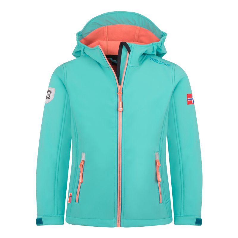Trollkids Trollfjord Softshell Jacket Mist Aquamarine/Harbor Blue Mellow Peach (175-137)