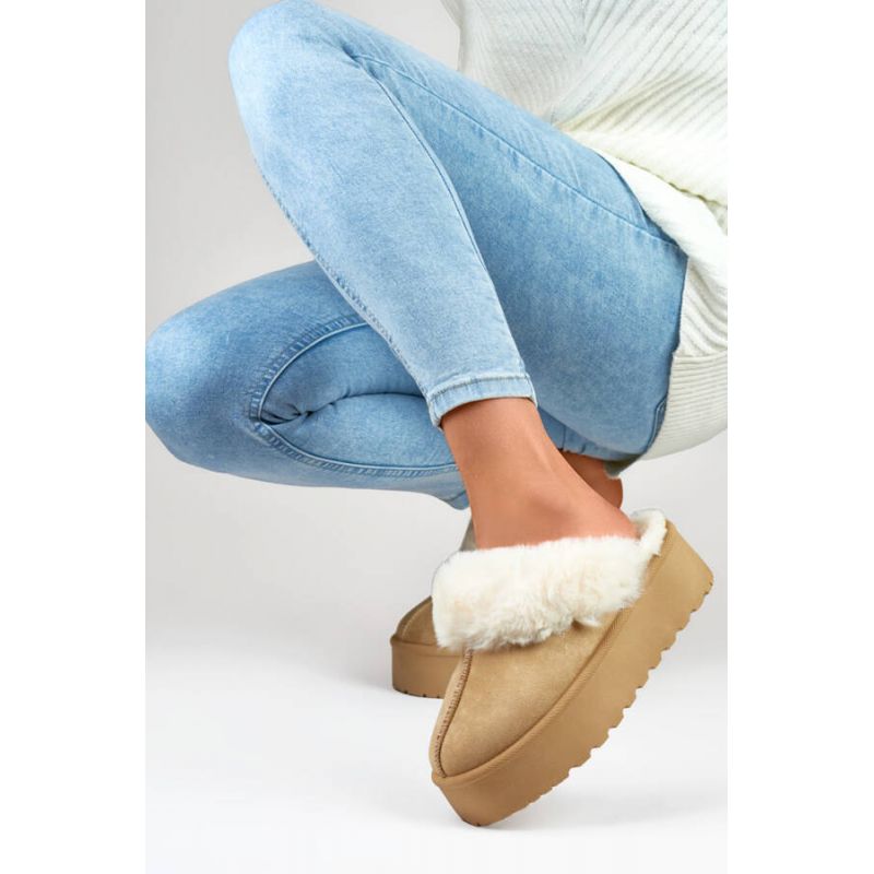 Women's slippers on a platform with fur, beige 81366-4-KH Footwear Your Sports Performance
