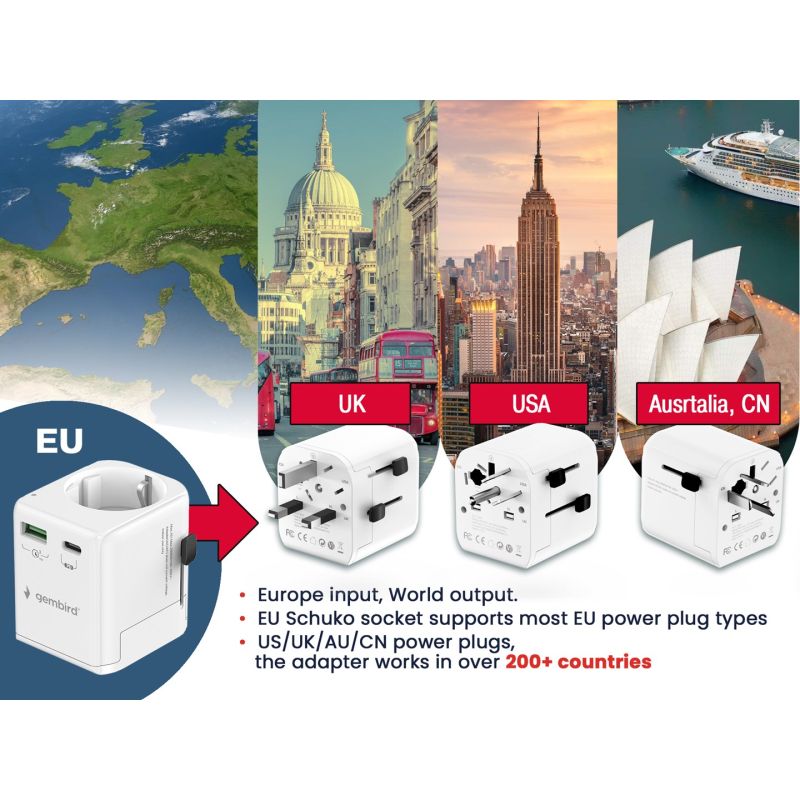 GEMBIRD UNIVERSAL GROUNDED TRAVEL ADAPTER 20W, WHITE Kable i adaptery/Adaptery, przejściówki Your Sports Performance