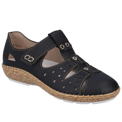 Women's leather openwork shoes, comfortable, with Velcro, black, Rieker 44852-14 Rieker
