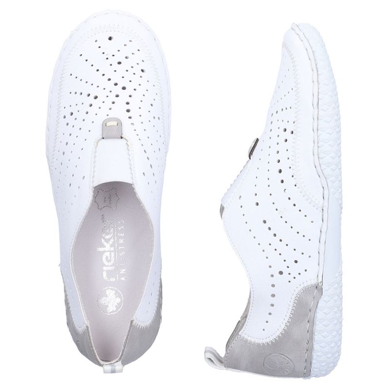 Women's leather openwork slip-on shoes, white Rieker 43663-80 Rieker