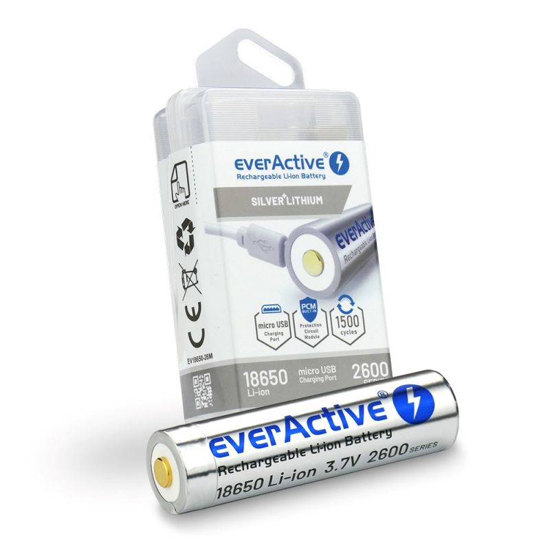 EVERACTIVE BATTERY EVERACTIVE 18650 3.7V LI-ION 2600MAH MICRO USB WITH PROTECTION BOX EV18650-26M Baterie, akumulatorki i ładowarki/Akumulatorki Your Sports Performance