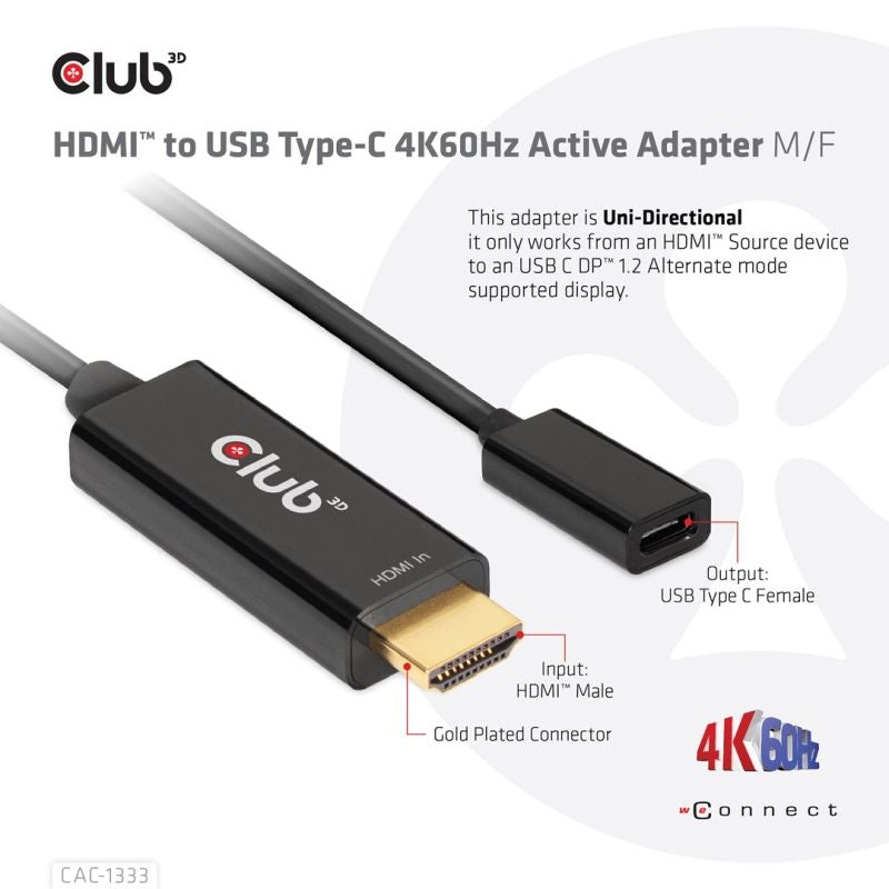 CLUB 3D CAC-1333 Cable Adapter 0.22m HDMI Type-A (Standard) USB Type-C Black Kable i adaptery/Adaptery, przejściówki Your Sports Performance