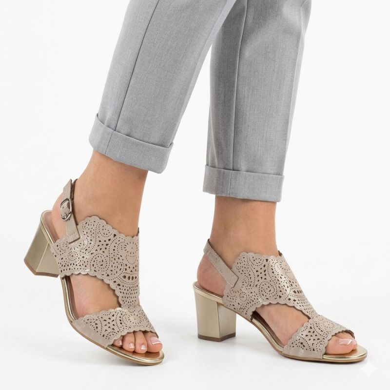 Women's openwork beige heeled sandals M.Daszyński MR1954-2 M. Daszyński