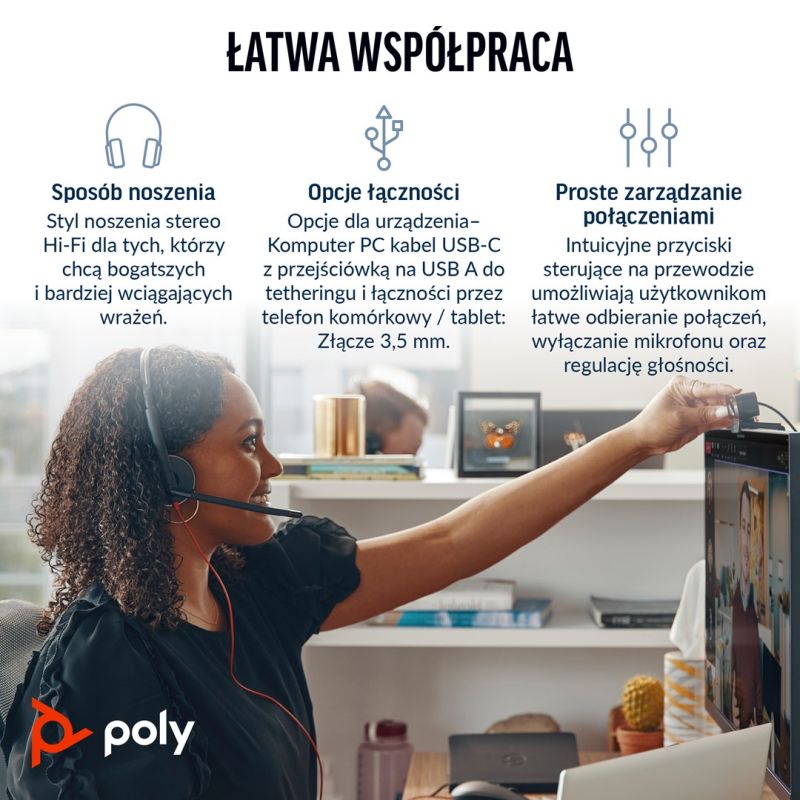POLY Blackwire 3225 USB-C Stereo Headset + 3.5mm Plug + USB-C/A Adapter (Multi-Pack) Akcesoria GSM/Słuchawki przewodowe Your Sports Performance