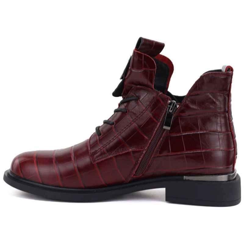 Red Crocodile-Effect Leather Ankle Boots for Women Vinceza 86453