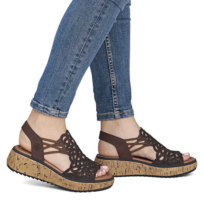 Rieker V1765-24 women's brown wedge sandals Rieker